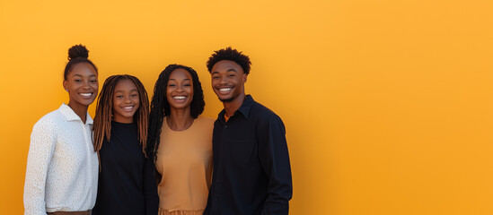 Four black friends smiling isolated on an orange background