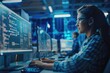 © Isuru - Smart female IT programmer in data center with young professionals.