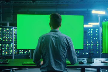 Male IT programmer coding with team in data center.