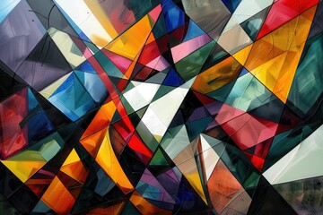 Fototapete - Abstract artwork featuring geometric shapes in vibrant colors, with dark backgrounds, displayed in an art gallery during an evening exhibition