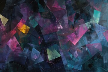 Fototapete - Abstract artwork featuring geometric shapes in vibrant colors, with dark backgrounds, displayed in an art gallery during an evening exhibition