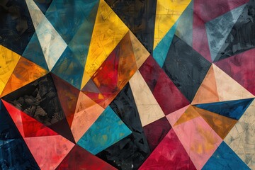 Fototapete - Abstract artwork featuring geometric shapes in vibrant colors, with dark backgrounds, displayed in an art gallery during an evening exhibition