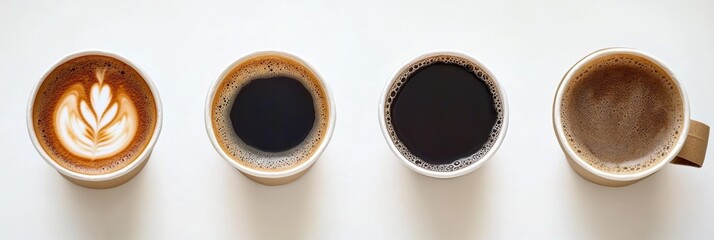 Four Take Away Coffee Cups, One Latte, Two Black Coffee, One Americano, on White Background