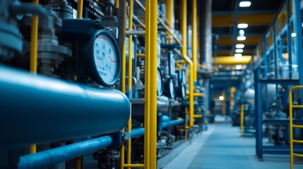 Wall Mural - Industrial setting featuring pipes, gauges, and machinery in a factory environment.