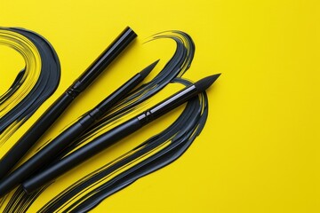 Poster - Art supplies arranged artistically on a vibrant yellow background showcasing black paint strokes and various brush types