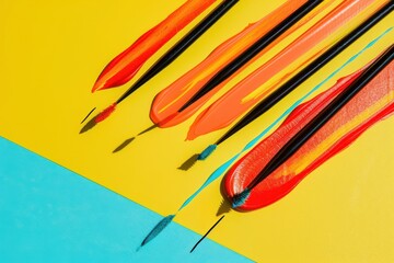 Poster - Art supplies arranged artistically on a vibrant yellow background showcasing black paint strokes and various brush types