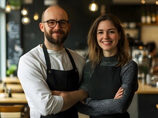 Portrait, arms crossed or happy couple in restaurant or cafe with smile or small business together. Teamwork, proud woman or managers at coffee shop or diner with hospitality service in partnership