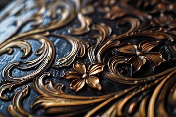 Poster - Intricate floral design featuring golden embellishments on a dark surface, showcasing craftsmanship and artistry in decorative metalwork