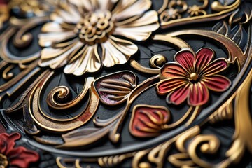 Poster - Intricate floral design featuring golden embellishments on a dark surface, showcasing craftsmanship and artistry in decorative metalwork