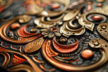 Poster - Intricate floral design featuring golden embellishments on a dark surface, showcasing craftsmanship and artistry in decorative metalwork