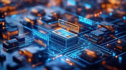 A futuristic city built on a circuit board with glowing lines and digital screens.