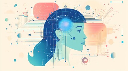 Abstract illustration of a woman's profile with digital circuitry and a glowing brain, representing artificial intelligence and technology.