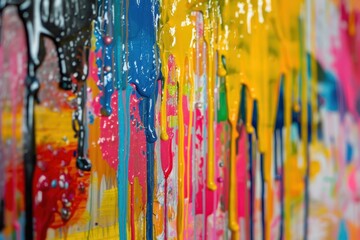 Fototapete - Colorful paint drips create an artistic display on a textured surface in an indoor setting, showcasing various hues mixing together in a visually engaging manner