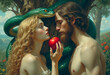 © Maxim Chuev - Adam and Eve in Garden of Eden. Eva giving Adam red apple. serpent tempter in paradise. Christian religious legendary story. green ancient snake devil lucifer satan. fall from grace. lapse from virtue