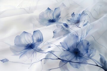 Poster - Elegant blue floral pattern with delicate watercolor flowers on soft white fabric captures a serene aesthetic perfect for home decor and textile design inspiration