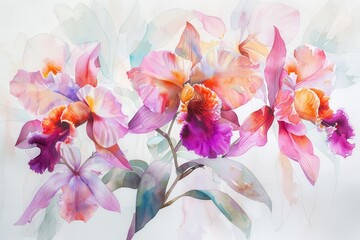 Aufkleber - Brightly colored orchids in a delicate watercolor painting showcasing floral beauty and artistic expression in a vibrant arrangement against a subtle background