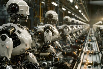 Leinwandbilder - Automated assembly line featuring robotic arms working in a high-tech factory setting during peak production hours