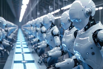 Leinwandbilder - Automated assembly line featuring robotic arms working in a high-tech factory setting during peak production hours