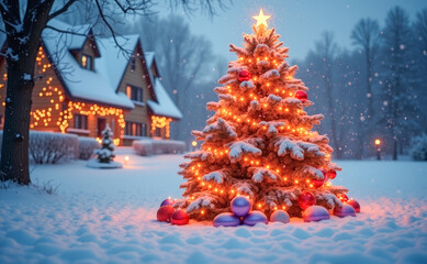 Wall Mural - winter Christmas tree with garland and red balloons on the background of the countryside