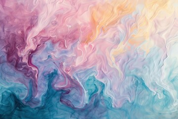 Poster - Colorful abstract swirls of pink, blue, and orange blend seamlessly on canvas, creating a dreamy atmosphere reminiscent of a serene sunset over water