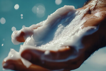 Wall Mural - Close-up of a hand applying cream to the body, emphasizing skincare and self-care.