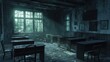 © ROY - An abandoned classroom with desks and chairs, a large window, and a blackboard in the background, all covered in dust and grime. The room is dimly lit, creating a spooky atmosphere.