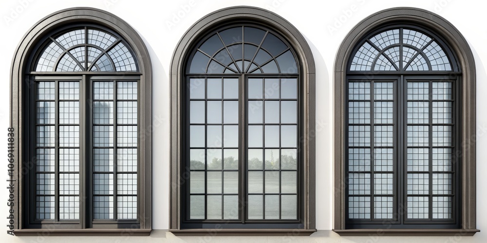 Window Pane Rendering Stock-Illustration „Arched Windows with Detailed Framing, 3D Rendering ...