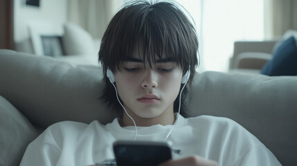 Teenager Using Mobile Phone for Online Learning on Couch