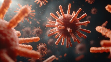 A close-up view of red, spiky virus particles suspended in a dark background, showcasing their intricate structure and biological characteristics.