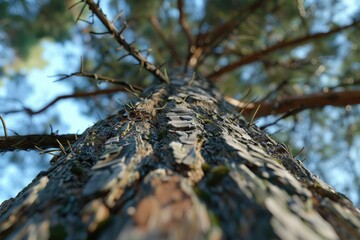 upward close up view at the pine tree crown
