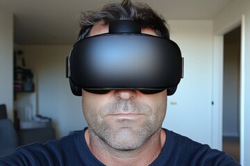 Wall Mural - man wearing vr headset with intense expression symbolizing immersive gaming virtual reality and adva
