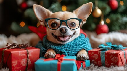 cute chihuahua dog with stylish fasioned glasses smile and joyful with christmas tree decorating and colorful present gift box festive concept