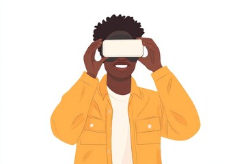 Wall Mural - smiling man wearing vr headset and yellow jacket representing excitement digital immersion and engag