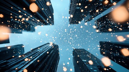 A futuristic cityscape with streams of data flowing between buildings, symbolizing the interconnectedness of technology and urban environments.