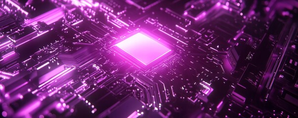 Poster - Futuristic purple glowing circuit board, close-up view. Technology and innovation concept