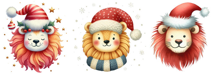 Christmas lion watercolor painting cutout png clip art transparent background