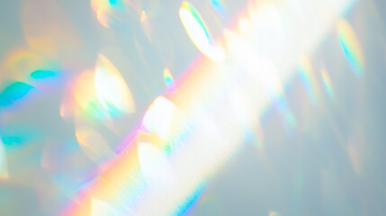 Wall Mural - dreamy holographic rainbow light refraction texture overlay with abstract soft bokeh effect on a whi