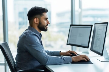 male professional working on computer in modern office environment, side view, focusing on screens, 