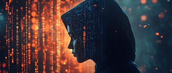 Poster - Mysterious Figure in Hood with Digital Background