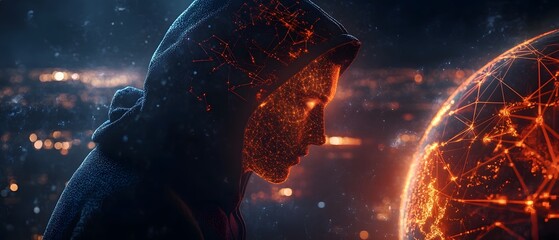 Poster - Mysterious Figure with Digital Globe Illustration