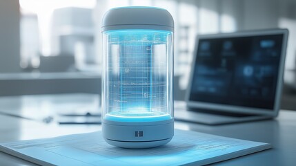 Leinwandbilder - High-Tech Energy Cylinder with Blue Light in Transparent Tube, Representing Advanced Technology and Sci-Fi Concepts, Gemerative AI