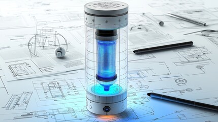 Leinwandbilder - High-Tech Energy Cylinder with Blue Light in Transparent Tube, Representing Advanced Technology and Sci-Fi Concepts, Gemerative AI