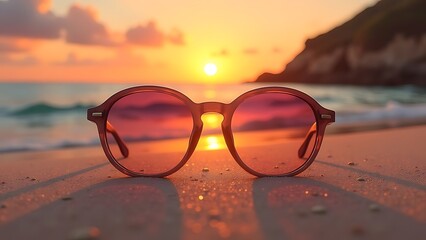 Sunglasses on the beach, sunset 