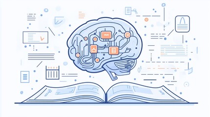 Aufkleber - Illustrated Open Book with Brain Diagram Above, Representing Knowledge, Education, and Artificial Intelligence, Gemerative AI