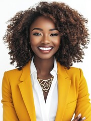 A confident West African woman in a stylish yellow blazer and intricate necklace exudes joy and professionalism in a modern setting