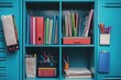 © Bernardo - Neatly organized school locker interior filled with colorful books, binders, and stationery items, showcasing an efficient storage solution for students, complete with a vibrant blue backdrop and vari