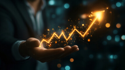 Aufkleber - Businessman holds a glowing golden arrow, symbolizing business growth and success as it points upwards