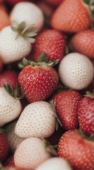 Sticker - White strawberries beside red strawberries in a vibrant fruit display during the summer harvest season in a local market, white does not show allergies variety