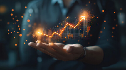 Poster - Businessman holds a rising arrow graph symbolizing business growth and success