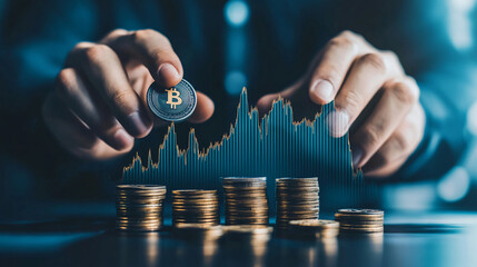 Aufkleber - Businessman holds a cryptocurrency coin above a stack of coins with a projected financial growth graph